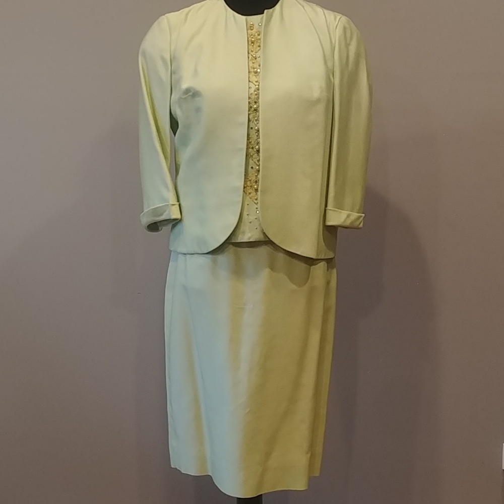 Samuel Grossman Sz S 3 set Vintage Light Green Beaded Embroidered Skirt Suit